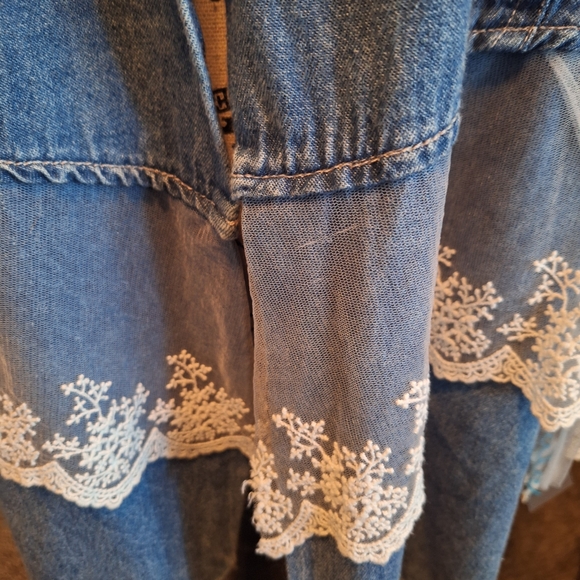 Elegant Lace Trim Denim Button Down Shirt - Picture 2 of 9